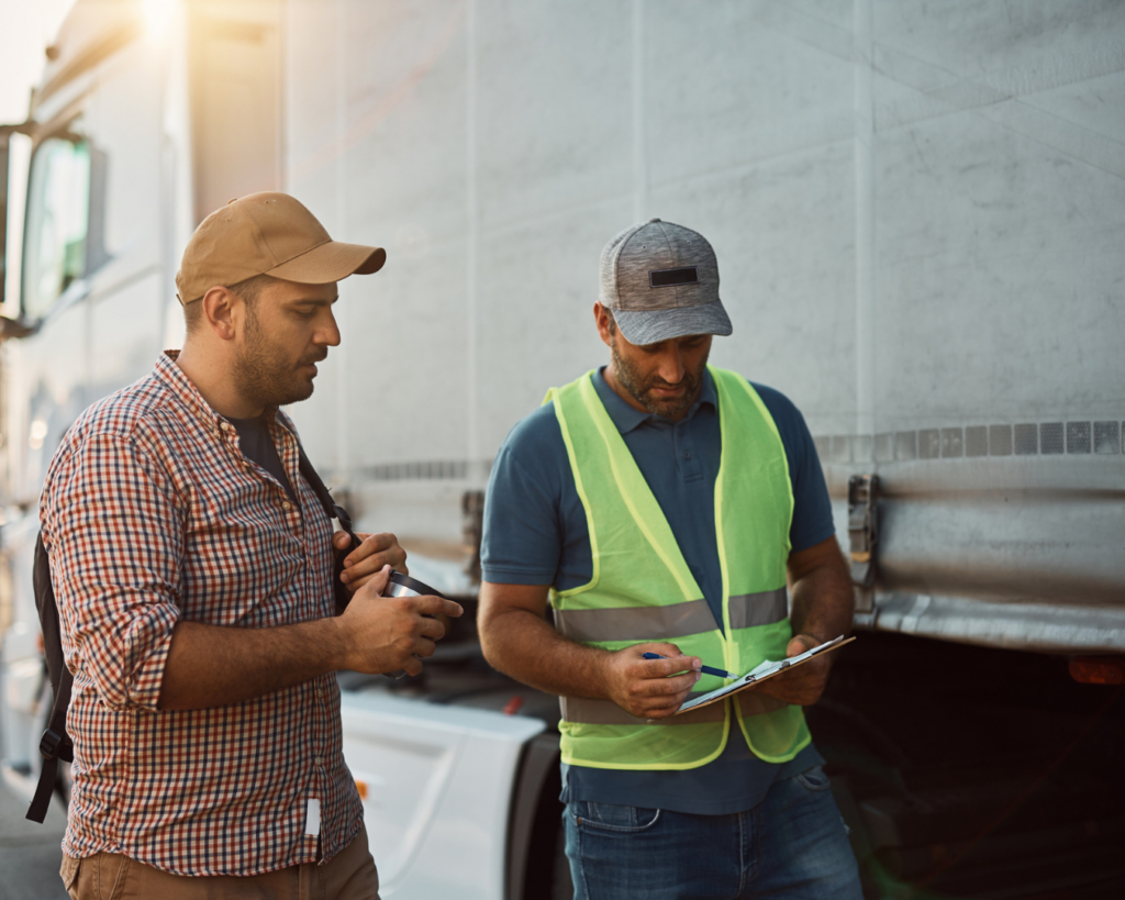 Two adult male truck drivers standing in front of truck, looking at clipboard.